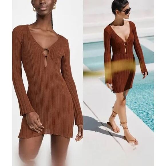 L*Space Wailea Coffee Brown Cover Up O-Ring Long Sleeve Mini Dress Size Medium - Picture 1 of 12